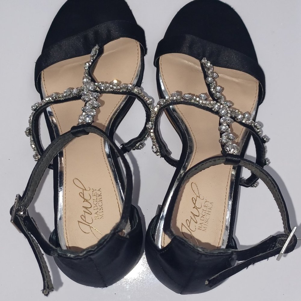 Badgley Mischka Jewel Black Satin Embellished Sandals Heels - Picture 9 of 9